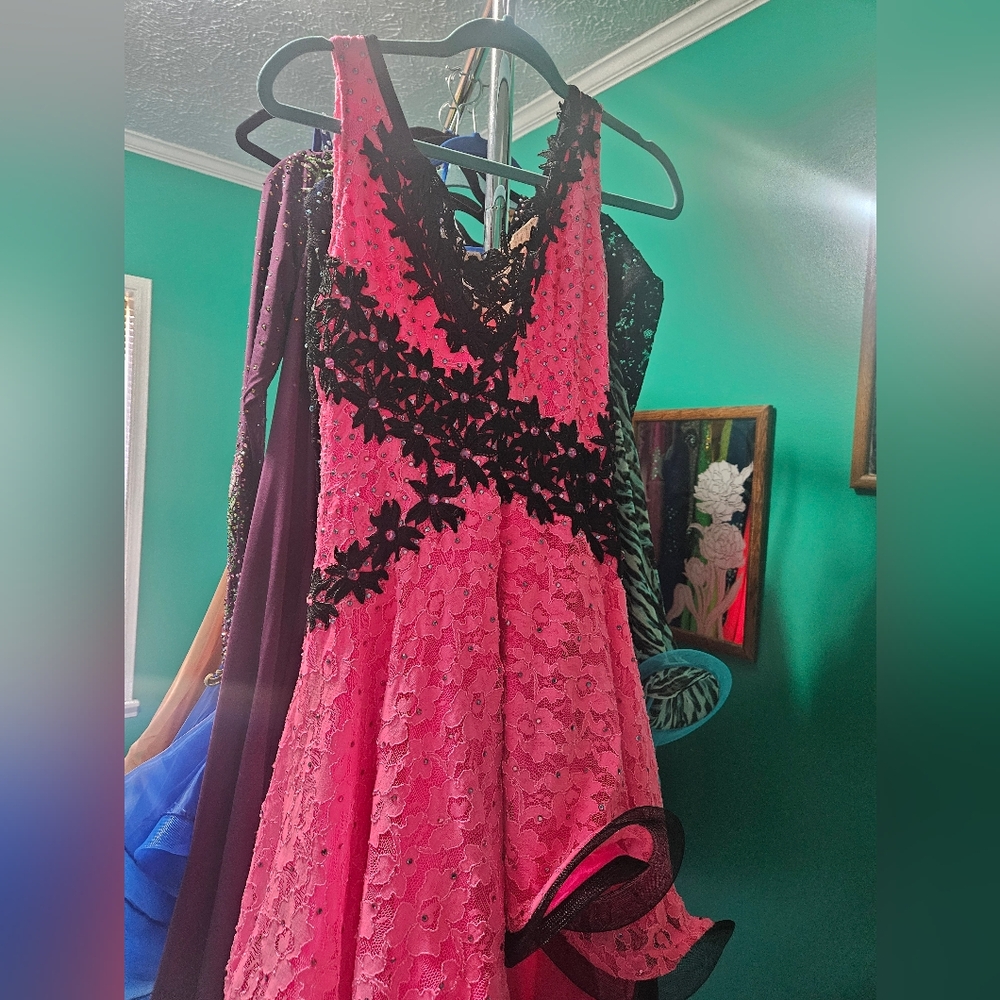 Elegant Pink & Black Lace Plus Rhythm Dance Dress w/ Swarovski
